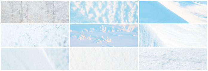 Wall Mural - set of snow textures. a collection of light winter backgrounds including: smooth clean white snow, w