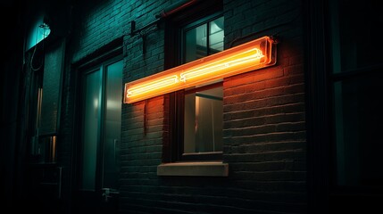 Aufkleber - A retro neon sign glowing against a dark brick wall at night