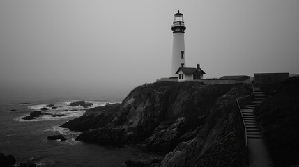 Poster - A minimalist black-and-white shot of a lone lighthouse on a rocky coast