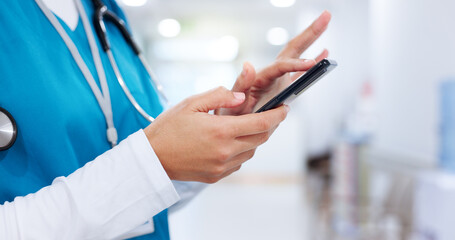 Poster - Nurse, hands and woman with phone for healthcare, report and check records for telehealth. Mobile, communication and medical worker on internet for wellness email, scroll and research in hospital