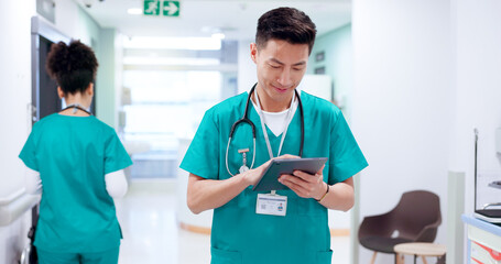 Poster - Nurse, tablet and man in hospital for healthcare news, report and check records for telehealth. Tech, reading and happy medical professional on internet for communication, email and scroll research