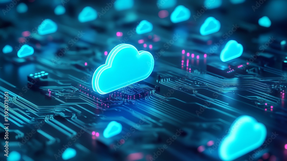 Glowing cloud icons on a circuit board representing cloud computing and data storage technology