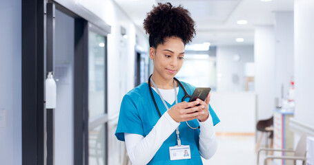 Poster - Nurse, phone and woman in clinic for medical news, report and check records for telehealth. Mobile, reading and healthcare professional on internet for communication, wellness email and research