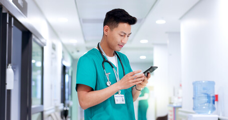 Poster - Nurse, phone and man in hospital for medical news, report and check records for telehealth. Mobile, reading and healthcare professional on internet for communication, wellness email and research