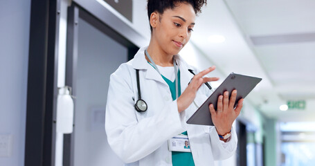 Poster - Doctor, tablet and woman in hospital for medical news, report and check records for telehealth. Tech, reading and healthcare professional on internet for communication, wellness email and research