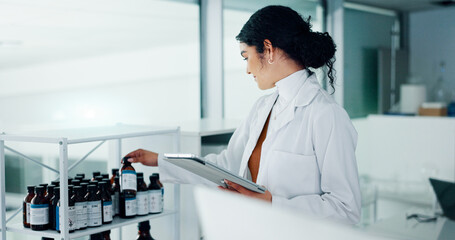 Aufkleber - Bottle, scientist and woman on tablet in lab for research, medical innovation and discovery. Health, sample testing and doctor with cure for pharmaceutical review, medicine report and reading label