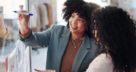 Poster - Happy women, team and writing with ideas for small business, planning or brainstorming at office. Female people, distributor or fashion designers with smile for distribution strategy or design