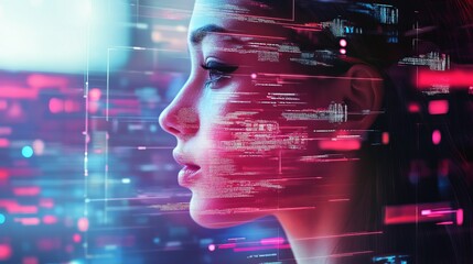 Profile of a woman with digital code overlayed in red and blue futuristic lighting design aesthetic