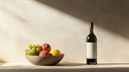 Poster - dramatic still life of bowl of fruit and wine bottle in soft light