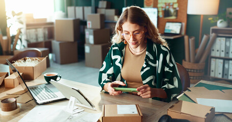 Poster - Barcode, logistics and phone with woman scanning box in office for delivery or shipment tracking. App, photograph and supply chain with person in depot or warehouse for ecommerce and shipping