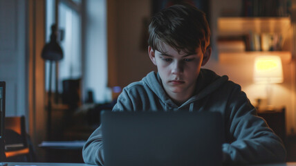 Aufkleber - This teenager sits at a desk, concentrating on his laptop, immersed in work during the evening.