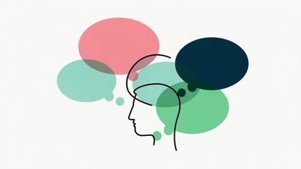 Aufkleber - Cinematic sequence featuring a static bust surrounded by slowly drifting speech bubbles, 