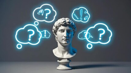 Aufkleber - Cinematic sequence featuring a static bust surrounded by slowly drifting speech bubbles, 
