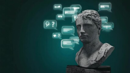 Aufkleber - Cinematic sequence featuring a static bust surrounded by slowly drifting speech bubbles, 