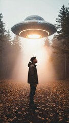Aufkleber - Atmospheric tracking shot of a male silhouette in the woods at night, turning slightly as a silent UFO casts shifting light beams through the mist and trees.

