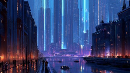 Poster - A futuristic cyberpunk cityscape with towering holograms and flying cars