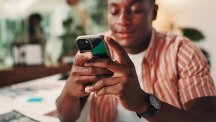 Fototapete - Hands, cellphone and black man in office with contact, communication or social networking with chatting. Technology, connectivity and African journalist with internet search or texting with phone.