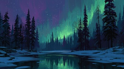 Poster - A frozen tundra with the aurora borealis dancing in vibrant greens and purples