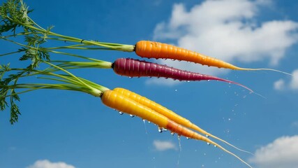 Poster - Slow motion rotation of juicy colored carrots under dramatic lighting, water droplets sliding down their surfaces against a dark background.