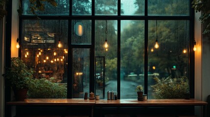 Aufkleber - A cozy coffee shop window with raindrops and warm lights inside