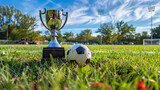 UEFA Championship football trophy and soccer ball on green grass field under blue sky with clouds, sports competition concept