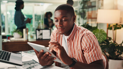 Aufkleber - Business, tablet and man in office, connection and digital app with ad agency, network or communication. Person, employee or sales consultant in workplace, tech or stats for profit growth or internet