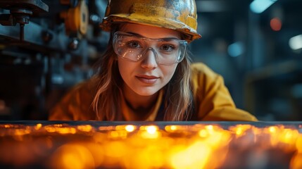 Fototapete - In a well lit industrial setting, a focused metalworker examines glowing molten metal. Safety gear is worn, highlighting the precision required in metal fabrication and metallurgy.