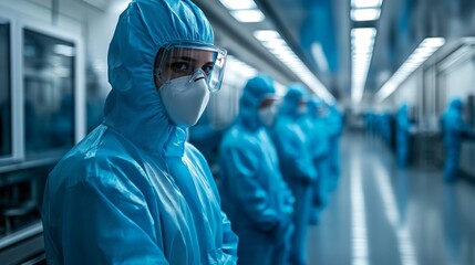 Aufkleber - Individuals wearing blue protective suits and masks are actively involved in processing materials related to mining, construction, and metallurgy in a clean industrial environment.