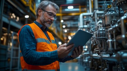 Aufkleber - A mining and construction professional dressed in protective gear analyzes data on a tablet while overseeing operations within a heavy industrial facility, ensuring safety and efficiency.
