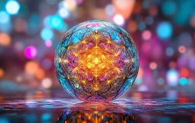 Aufkleber - Cybernetic sphere with glowing blockchain connection points, set against a vibrant techpatterned backdrop, dynamic digital art, representing advanced technology and networks