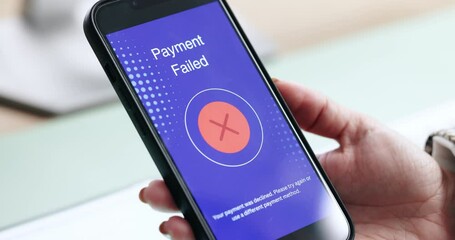 Aufkleber - Hand, phone screen and woman with payment failed, scam and notification for transactions. Closeup, mobile user or person with cellphone, card expire or bankruptcy with online banking or limited funds