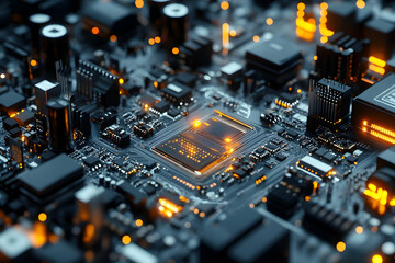 close up of a glowing computer circuit board design
