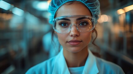 Fototapete - Individual in protective eyewear and lab coat stands in a controlled environment dedicated to studying materials used in mining, excavation, and construction industries.