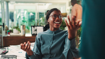 Poster - Smile, business and woman talk in office for good news, feedback and planning of financial proposal. Person, explain and document for accounting, profit announcement and investment report of teamwork