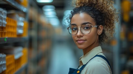 Poster - A young woman wearing glasses and a work uniform stands confidently among shelves of construction materials, emphasizing her role in mining, extraction, and building processes.