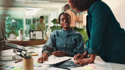 Poster - Creative, teamwork and women with discussion in office for project ideas, design briefing and branding strategy. Graphic designer, people and business documents for campaign planning or collaboration