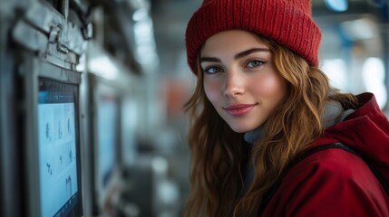 Fototapete - A young woman stands confidently in a mining facility, engaging with advanced machinery designed for material extraction.