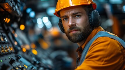 Poster - A skilled worker in an orange uniform and helmet operates complex machinery in a mining facility, focused on extraction processes while monitoring equipment and controls.