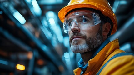 Fototapete - A worker wearing an orange safety helmet and goggles stands confidently in a mining facility.