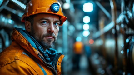 Fototapete - An experienced worker wearing a safety helmet stands in a dimly lit mining facility, overseeing the extraction and processing of materials while other workers are engaged in similar tasks nearby.