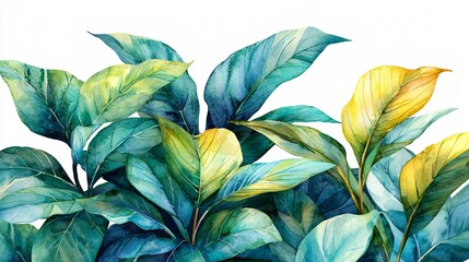 Wall Mural - Lush tropical foliage watercolor painting, vibrant green and yellow leaves, white background, design element