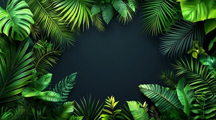 Wall Mural - Lush tropical leaves frame, dark background, nature design, website banner