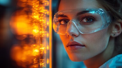 Fototapete - A professional in safety goggles conducts detailed analyses in a modern lab, focusing on mining, extraction, and material fabrication for construction and infrastructure projects.