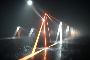 Poster - Digital abstract composition featuring sharp angular structures and dynamic neon light trails,