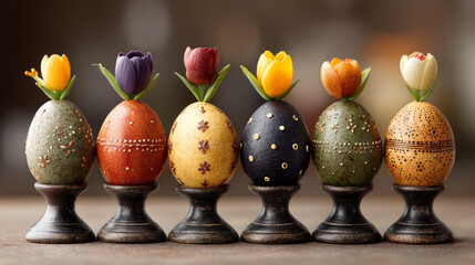 Aufkleber - Detailed still life composition of colorful Easter eggs and fresh flowers on a vintage wooden