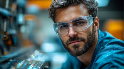 Poster - A skilled worker with a beard and safety glasses engages in detailed tasks at an industrial facility, demonstrating expertise in metal fabrication and preparation for construction projects.