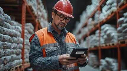 Poster - Professional wearing hard hat and safety vest inspects material inventory using tablet in a busy storage facility for construction materials, focusing on organization and efficiency.