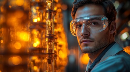 Aufkleber - Worker in protective gear examines equipment in a vibrant industrial setting dedicated to metallurgy and material extraction, emphasizing safety and technology.