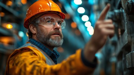 Poster - A mining expert in safety gear points at equipment during metal extraction operations in a bustling facility focusing on metallurgy. Efficiency is a priority in this concrete structure.