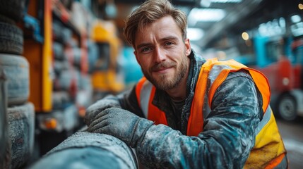 Poster - A construction worker is smiling confidently while taking a break at a mining facility. The background shows heavy machinery and materials essential for excavation and construction.